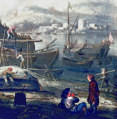 Man Smoking While Observing Ship Builders in Italy